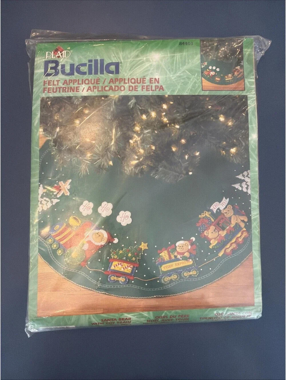 Vtg 2001 Bucilla Fill Appliqué Christmas Tree Skirt Santa Bear W/Toy Train New